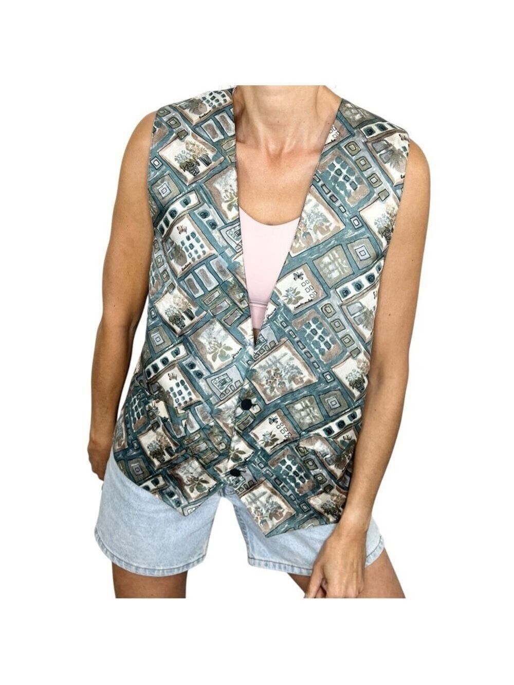 Vintage 90s 100% silk teal rose geometric floral print vest waistcoat L